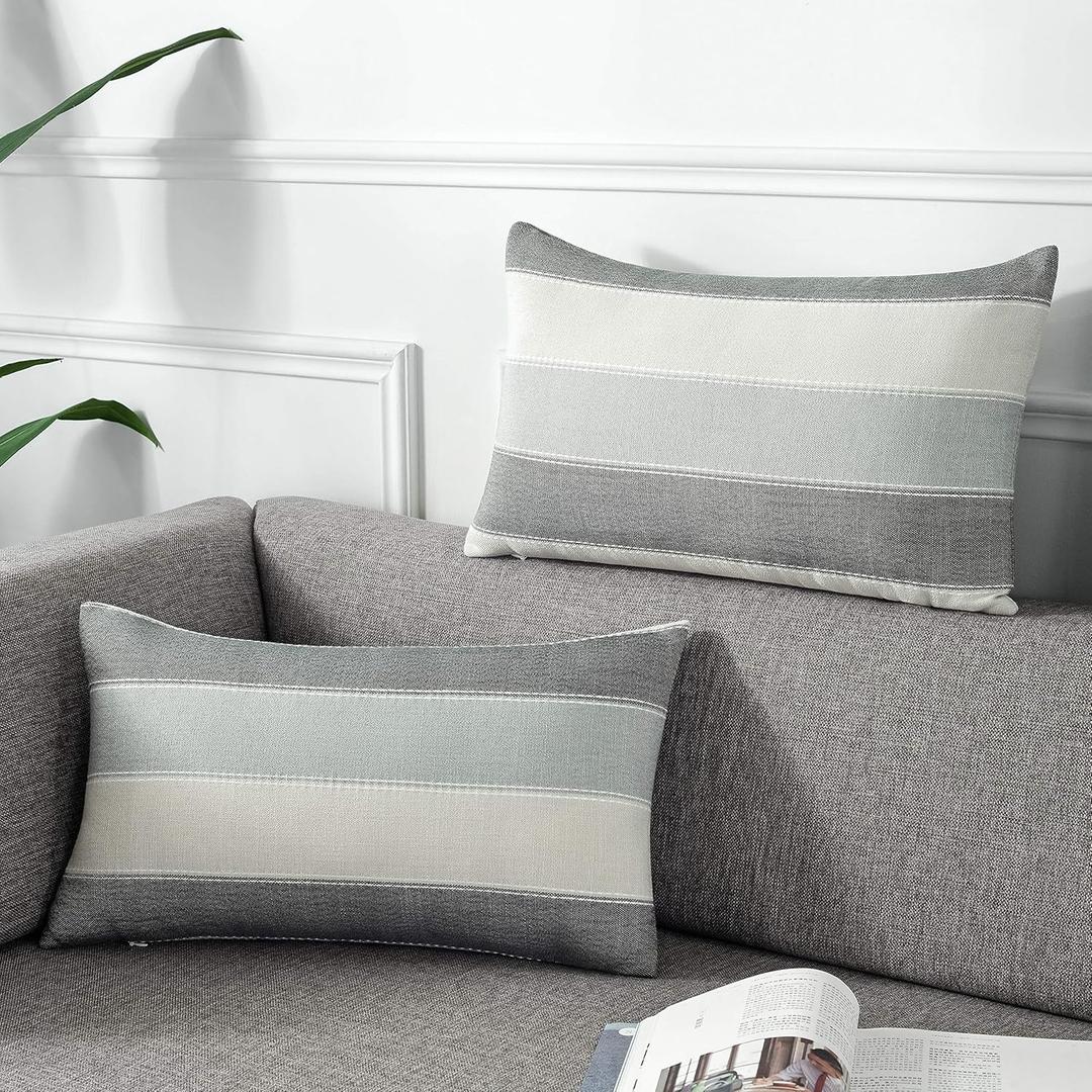 AmHoo Pack of 2 Farmhouse Stripe Check Throw Pillow Covers Set Case Cotton Linen Decorative Pillowcases Cushion Cover for Couch Bench Sofa 12x20Inch Dark Grey Beige