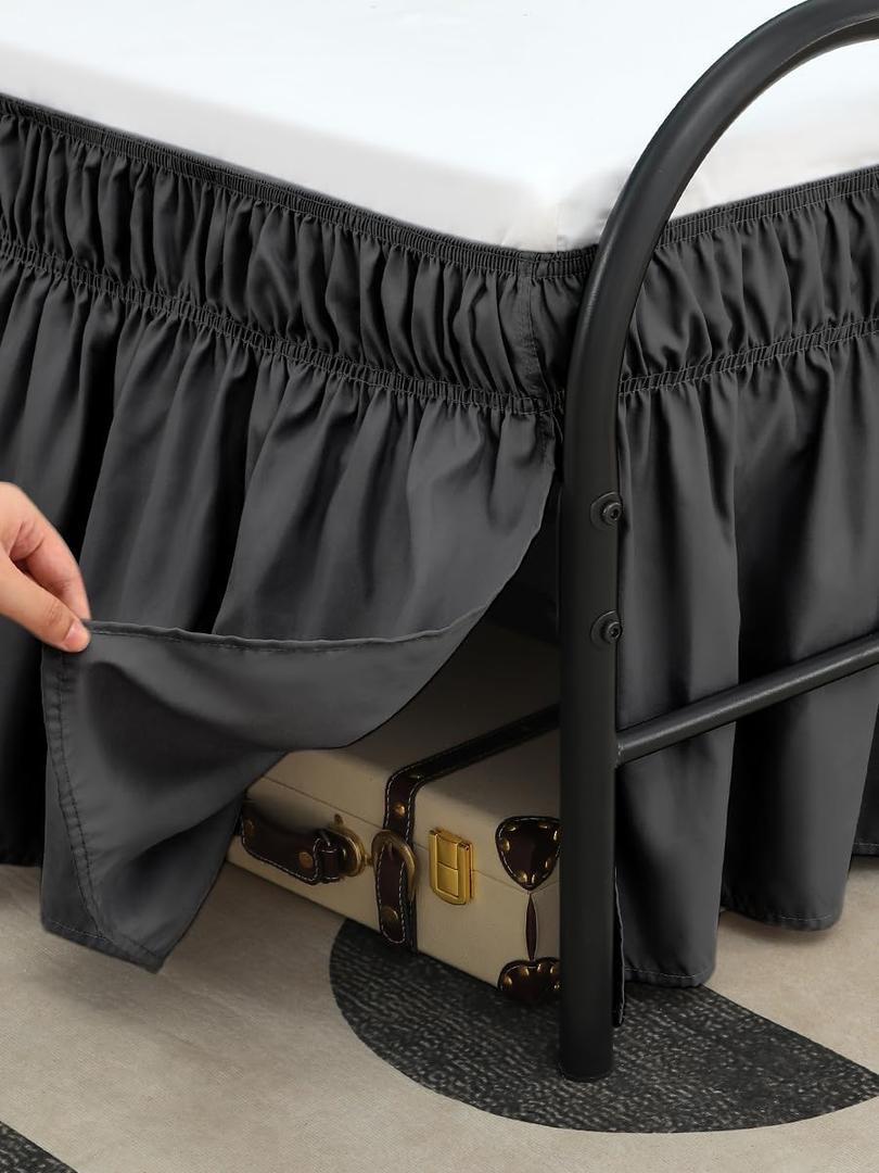 RIMELA Dark Grey Bed Skirts with Split Corners Queen Size 15 Inch Drop,Elastic Bed Skirting Wrap Around, Easy to Install Dust Ruffles,Soft Fabric Machine Washable