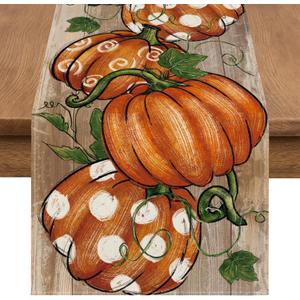 Halloween Table Runner 13x72 Inch  Rustic Orange Pumpkin Design with Polka Dots and Vines, Farmhouse Fall Dining Table Decoration for Halloween, Thanksgiving and Autumn Parties