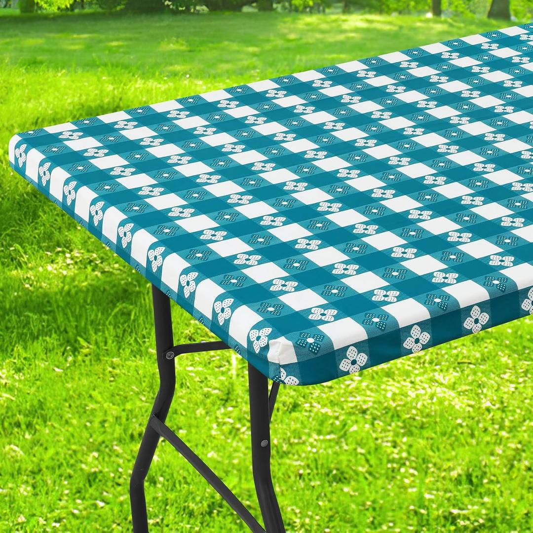 Rectangle Vinyl Table Cloth, Waterproof Elastic Fitted Tablecloth with Flannel Backing, Plastic Table Cover for Picnic, Camping, Outdoor (White & Turquoise, 30"x60")