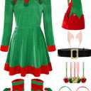 11 Pcs Women Christmas Elf Costume Set Costume Dress Xmas Festive Outfit with Elf Ears Hat Shoes (Green)
