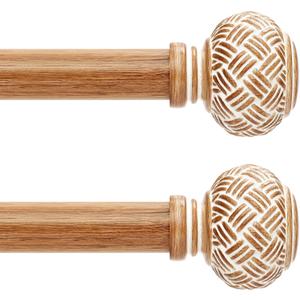 2 Pack Wood Curtain Rods for Windows 28 to 48 Inches, Decorative 1'' Diameter Heavy Duty Adjustable Rustic Farmhouse Drapery Pole with Boho Imitation Wooden Grain Finials, Size: 30''-60'', Brown