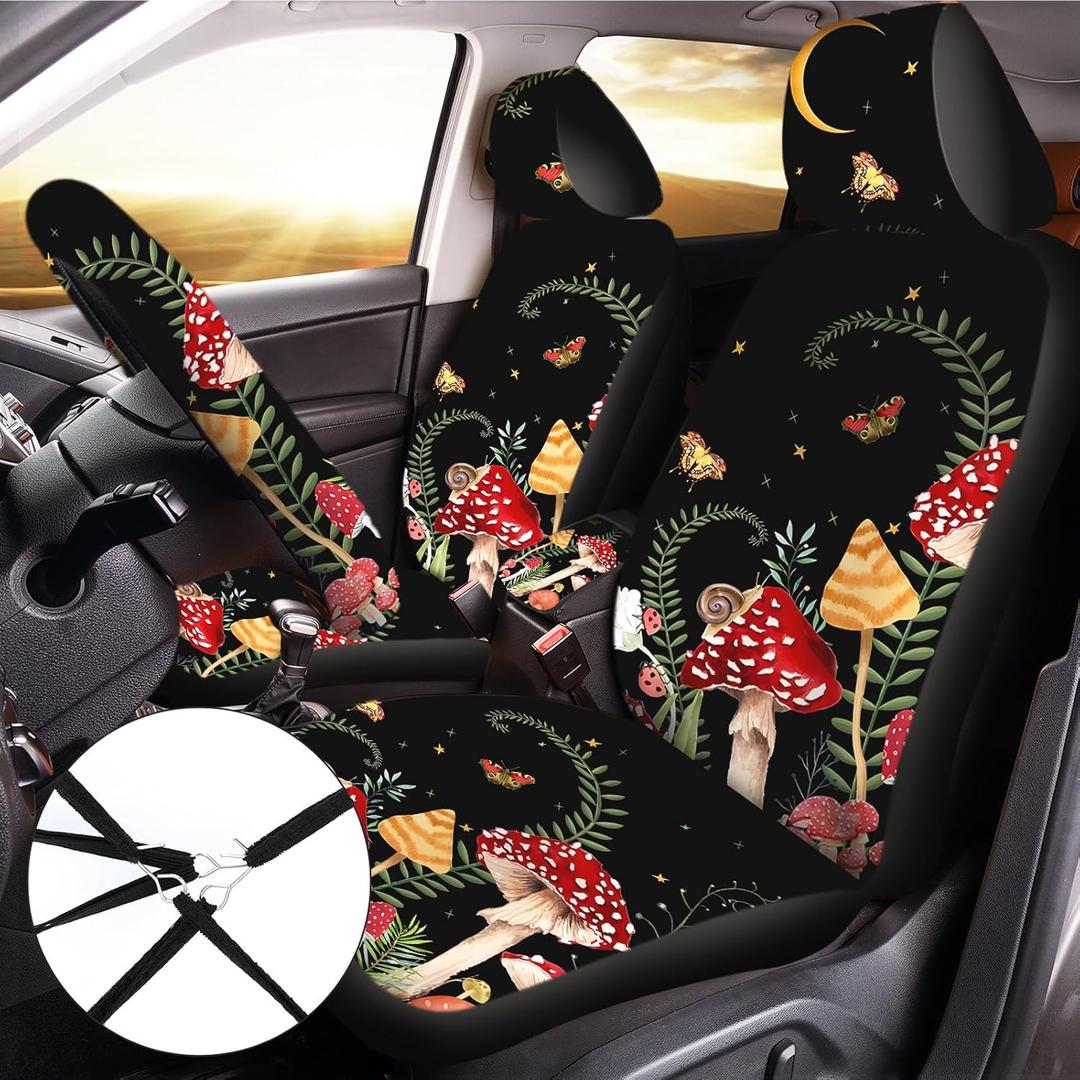 Fabbay 11  Pcs Mushroom Car Seat Covers Set with Protectors Steering Wheel Seat Belt Cover Floor Mat Armrest Cushion Key Chains Auto Interior Accessories for Women(Dark)