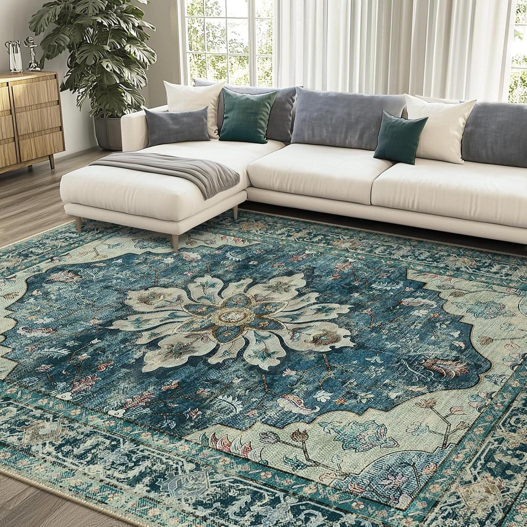 Area Rugs 8'x10' Washable Non-Slip, Floral Vintage Distress Print Pattern Medallion Carpet for Living Room Bedroom Dining Room, Dark Blue Vintage