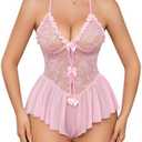 Aranmei Women Sexy Lingerie Bodysuit Lace Teddy V Neck Mesh Chemise One Piece Babydoll Lingerie (Pink,Medium)