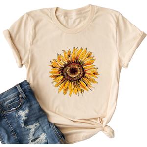 Ykomow Sunflower Shirts Floral Print Graphic Tees Womens Casual Mothers Day Shirt 4th of July T Shirt (XL, Cream)
