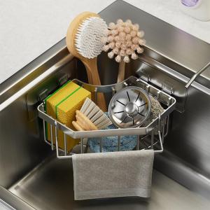 Corner Sink Organizer, Silver Stainless Steel Sponge Holder with Towel Bar, Self-Adhesive Kitchen Storage Rack, 6.3x6.3x3.2 Inches