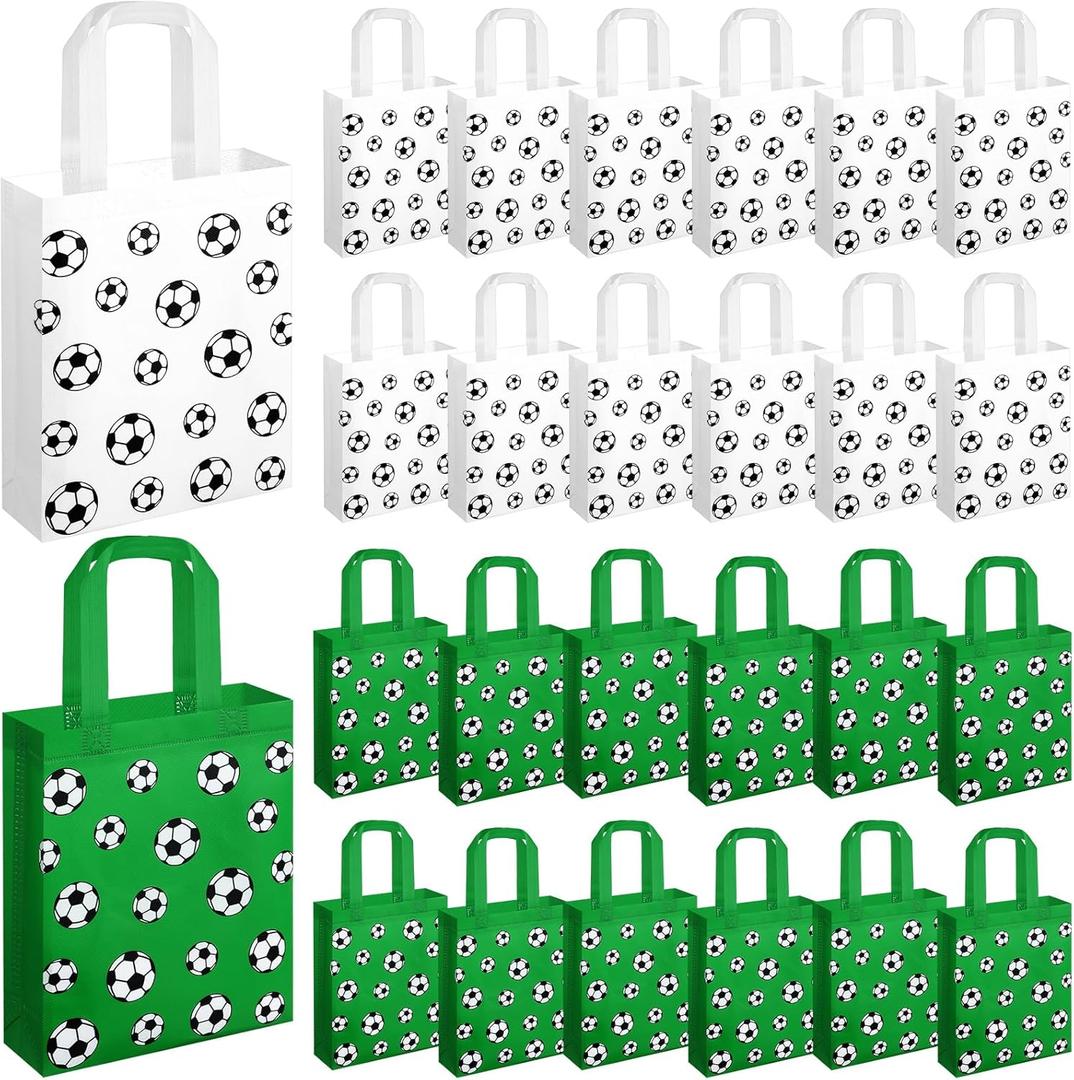 Sweetude 24 Pcs Soccer Gifts Bags Reusable Non-woven Sport Party Favor Bags with Handles 7.9 x 9.8 x 2.7 Inches Ball Themed Snack Goodies Treat Packing for Team Sport Game Birthday Party Supplies