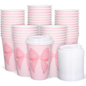 Whaline 50Pcs Pink Bow Coquette Coffee Paper Cups Valentine's Day Bowknot 16 Oz Disposable Cups With Lids For Hot Cold Drinks Birthday Baby Shower Bachelorette Party Supplies