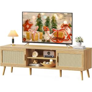 SUPERJARE Boho TV Stand for 65 Inch TV, Entertainment Center with Adjustable Shelf, Rattan TV Console with 2 Cabinets, Media Console, Solid Wood Feet, 4 Cord Holes, for Living Room - Natural, 53.9"