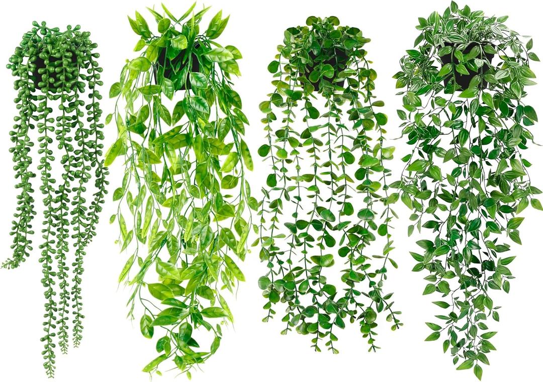 Artificial Hanging Plants for Shelf, 4 Pack Fake Potted Greenery Faux Eucalyptus Vine, Mandala Vine, String of Pearls,Pea pod Leaves in Pot for Office Living Room Bathroom Indoor Outdoor Dcor