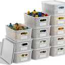 White Plastic Storage Baskets with Lids 12 Pack Stackable Storage Bins Containers for Shelves Organizing, Cute Decorative Storage Boxes for Classroom, Playroom, Closet, Pantry
