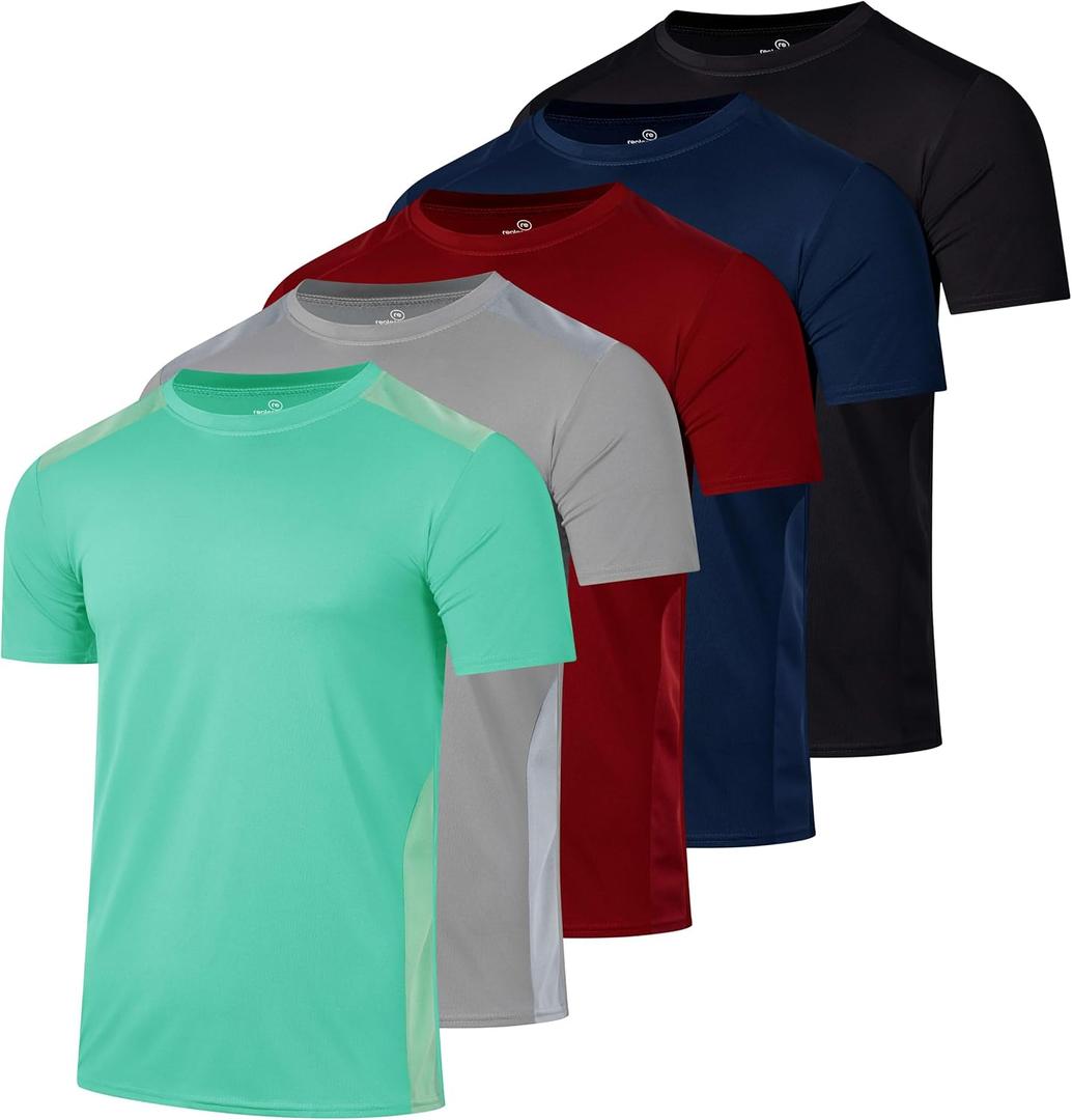 Real Essentials 5 Pack: Men's Dry-Fit Short Sleeve Crew Neck T Shirts Fitness Running Gym Workout Cool Exercise Athletic Tee (M)