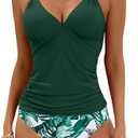 B2prity Halter Tankini Swimsuit for Women Tummy Control Two Piece Bathing Suit V Neck Swimwear with Shorts, Large