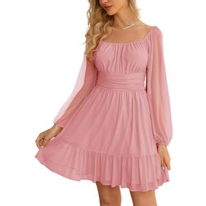 Wenrine Women's Mesh Long Sleeve Square Neck Dress High Waist A Line Ruffle Hem Flowy Casual Party Mini Dress (Pink) XL