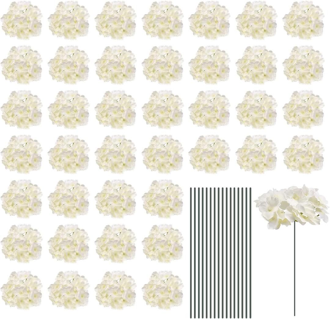 MECCANIXITY Silk Artificial Hydrangea Flowers, White Artificial Flowers Heads with Stems, Full Hydrangea Flowers for Wedding Centerpieces, Party Decoration 30 Set