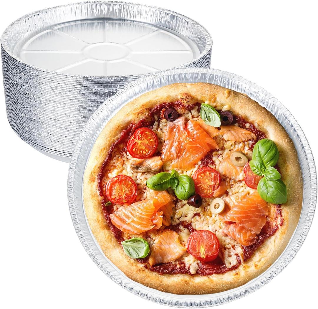 50 Pack 8 Inch Round Foil Pizza Pans, Disposable Aluminum Pizza Pans for Pizzas, Round Pizza Pan Foil Focaccia Pan, Chocolate Cookies Cake Tin, Serving Platter Tray, Freezer & Oven Safe
