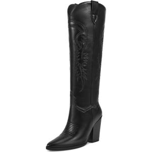 ISNOM Women's Cowgirl Boots Pull On Knee High Boots, Cowboy Western Embroidered Chunky Block Heel Pointed Toes Boots (9.5, Matte Black) ISNOM Women's Cowgirl Boots Pull On Knee High Boots, Cowboy Western Embroidered Chunky Block Heel Pointed Toes Boots (9.5, Matte Black)