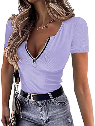 OwnTime Womens Summer Tops Short Sleeve Shirts Sexy V Neck Slim Fit Zip Up Tops Ribbed Knit Henley Shirts Blouses Light Purple XXL
