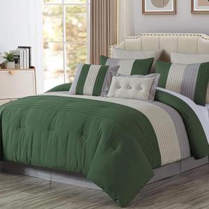 Chezmoi Collection Loft 8-Piece King Comforter Set, Forest Green/Gray/Cream Luxury Striped Bedding for All Season