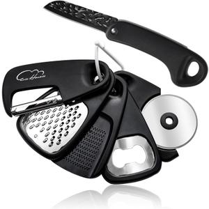 Kitchen Gadgets Set 6 Piece, Space Saving Kitchen Utensils Stainless Steel Accessories Cheese Grater, Bottle Opener, Pizza Cutter, Vegetable Peeler, Paring Knife, Garlic Grinder, Burlap Bag Gift(BLK) (Classical Black 6pcs)