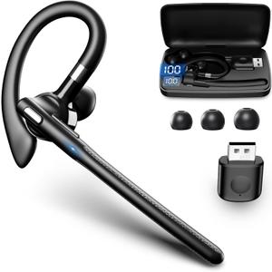 Bluetooth Headset, Wireless Earpiece with 500mAh Charging Case Hands Free Noise Canceling Headphones with Dual-Mic for Computer Cell Phones Trucker Home Office Work (Black)