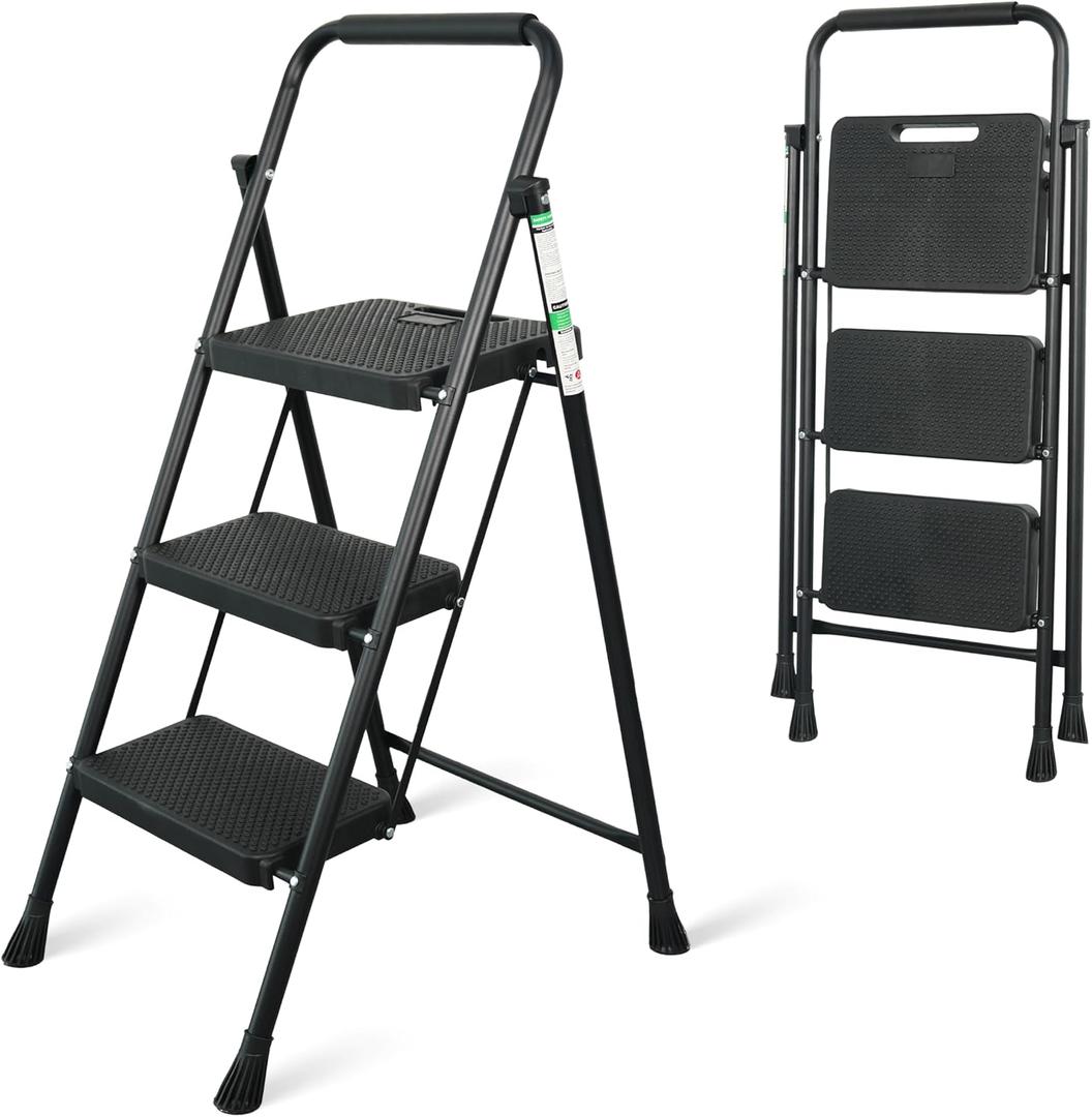 Step Ladder, Portable Steel Folding Step Stool with Wide Anti-Slip Pedal & Convenient Handgrip, Sturdy Steel Ladder, 3-Step, Black
