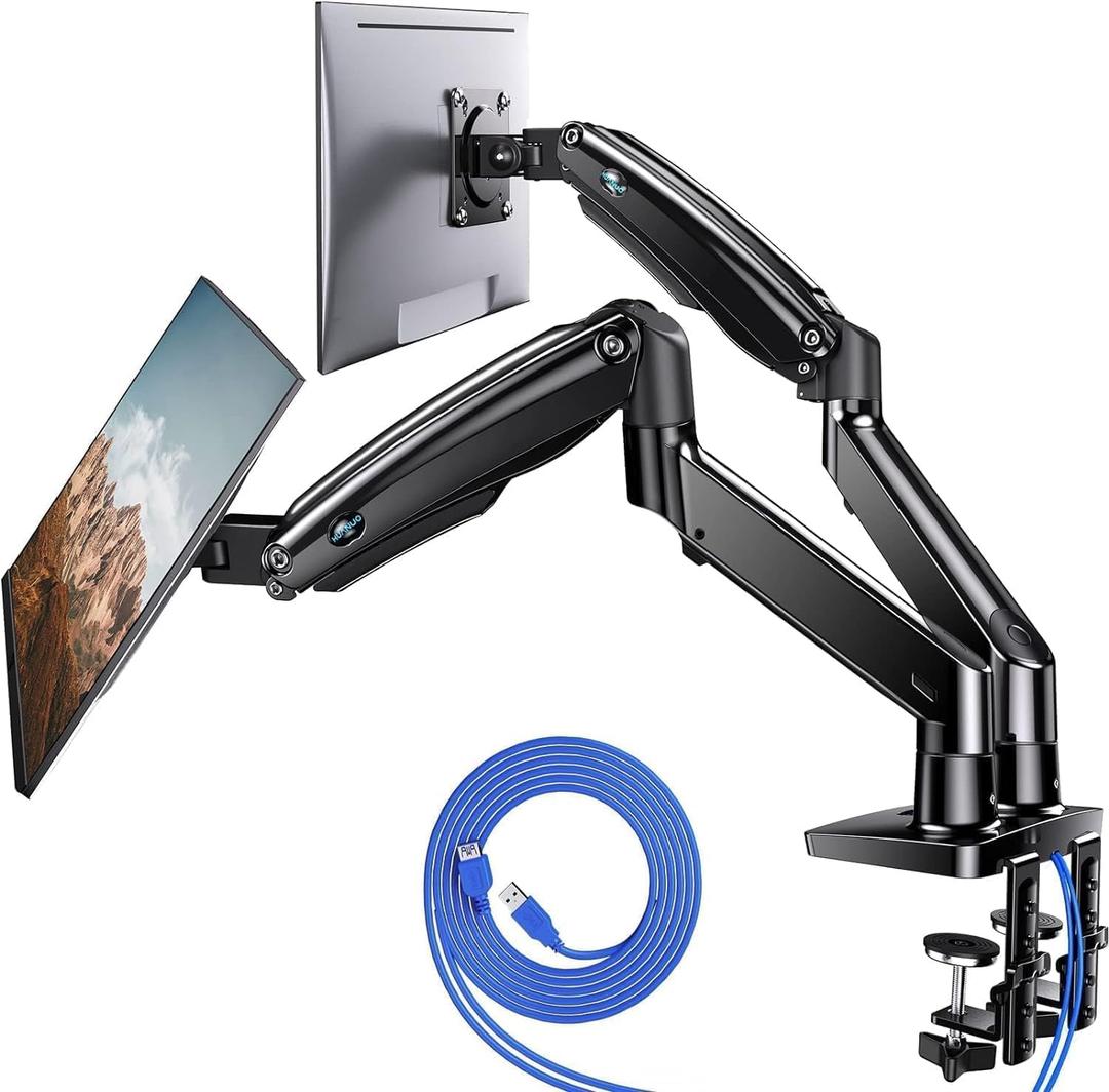 HUANUO Dual Monitor Stand for 1340, Premium Dual Monitor Mount with USB, Height Adjustable Monitor Stand for 2 Monitors, VESA Mount with Clamp/Grommet Base, Holds 26.4lbs per Arm, HNDS7