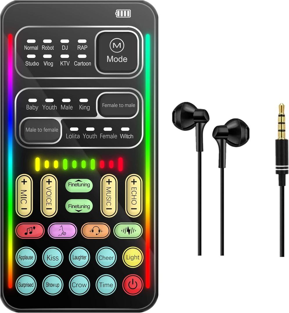 sktome Portable Voice Changer, 2rd Generation i9 Live Sound Card, Cool Lights Sound Board - Voice Disguiser/Modulator for PS4/PS5/Xbox One/PC/Phone/Laptops with Adjustable Voice Functions