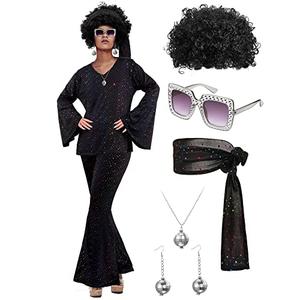 Jexine 70s Women Disco Outfit Costume Disco Party Top Pants Sunglasses Ball Necklace Earring Wig for Halloween New Year Eve(Black,XX-Large)