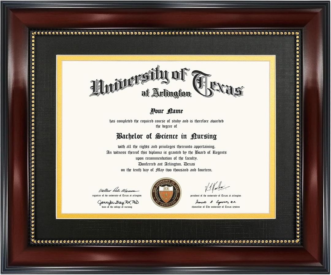 GraduationMall 6x8 Diploma Frame with Black over Gold Mat or Display 8x10 Document without Mat, Tempered Glass, Mahogany with Gold Beads