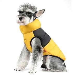 FOFOS Dog Winter Coat, Plush Dog Jacket with Leash Hole, Adjustable Warm Pet Snow Vest for Small Medium Dogs, Yellow, S