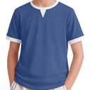 LessonZoo Boys Shirts Short Sleeve Color Block T-Shirts Baseball Kids Casual Geometric Tees Summer Fashion Crew Neck Tops(Denim Blue&White,7-8 Years)