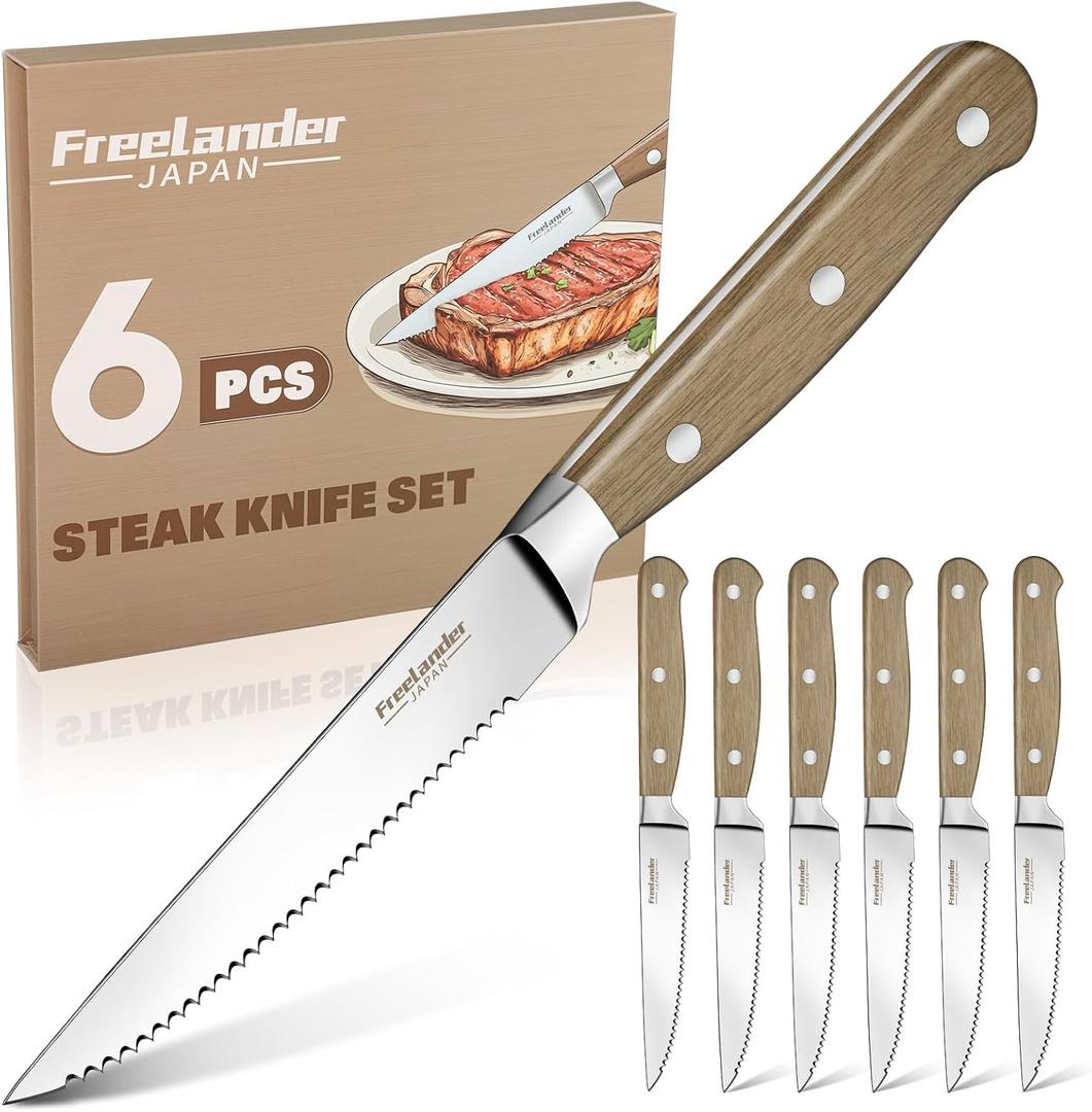 Freelander Serrated Steak Knives Set of 6, 4.5" Japanese High Carbon Stainless Steel Steak Knife Set with Wood Handle, Japanese Sharp Full Tang Dinner Knives for Table,Christmas Gifts for Men Women