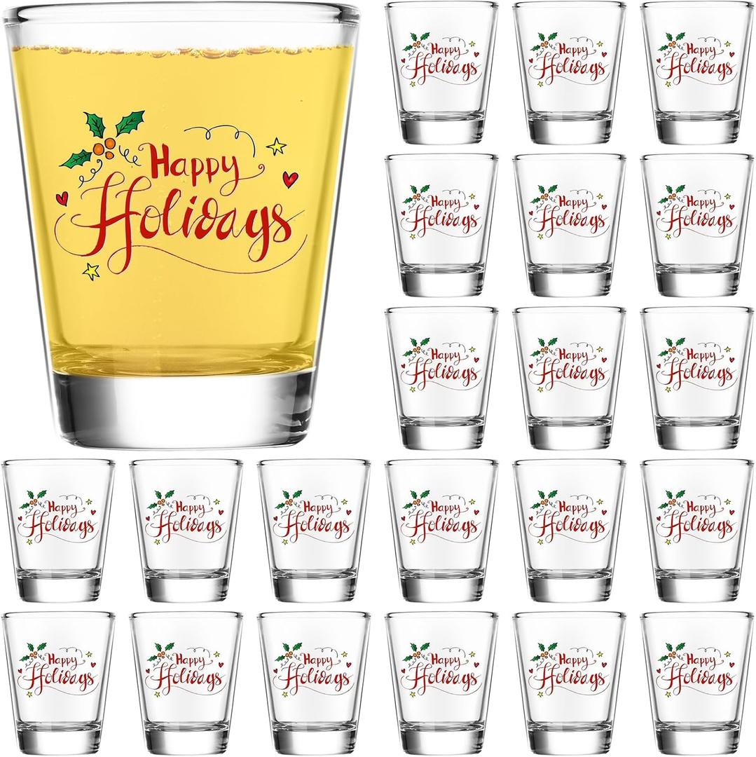 Tioncy 24 Pcs Christmas Shot Glasses 2 oz Clear Shot Glass Happy Holiday Print Cocktail Glasses Funny Cool Mini Whiskey Shot Glass Cups for Christmas Table Decoration Present Drinking Supply(Lovely)
