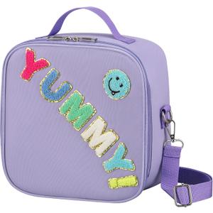 Aimsnk Reusable Insulated Lunch Bag for Kids Teens & Adults with Adjustable Shoulder Strap - Large Durable Lunch Bag Tote for School Travel Picnic Work - Leakproof Design Lunch Carrier (Purple-YUMMY)
