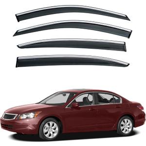 4pcs Smoke Tint with Chrome Trim Outside Mount Tape On/Clip On Style PVC Sun Rain Guard Vent Window Visors Compatible with 08-12 Accord 4-Door Sedan