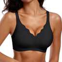 Vertvie Womens Seamless Bras No Underwire Supportive Wireless Push Up Full Coverage Bralette Comfort Scalloped T-Shirt Bra (Large, Black)