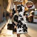 Women's Casual Skirts High Waisted A-Line Swing Skirts Vintage Floral Print Skirts (Black), L