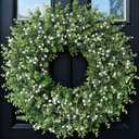 26" Artificial Eucalyptus Wreath with Baby's Breath for Front Door - Faux Eucalyptus Leaves, Fake Spring/Summer Greenery Flowers Wreath for Porch, Farmhouse, Wall, Window Outdoor Decor(White-Green)