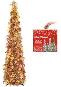 MACTING Fall Tree with 100 LED Lights 5FT Collapsible Autumn Maple Leaf Pop Up Tinsel Tree Battery Operated with Timer Easy-Assembly for Porch Home Apartment Holiday Thanksgiving Xmas Decor(Brown)