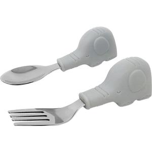 Tiny Twinkle Easy Grip Toddler Utensils Spoon and Fork Set - BPA & Phthalate Free Utensil Sets, Kids Silverware With Silicone Handle, Baby Led Weaning Supplies for 12 Months & Up (Grey Elephant)