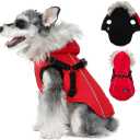 PINA Dog Coat with Built in Harness, Dog Jacket with Faux Fur Hood, Dogs Vest with Reflective Strap for Small Medium Large Dogs, Red, S (S(chest:15.7in, 3.3-5.5lb))