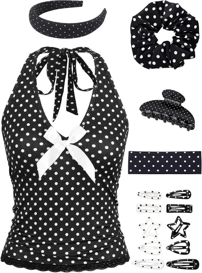 25 PCS Women Y2K Polka Dots Halter Top with Polka Dots Accessories