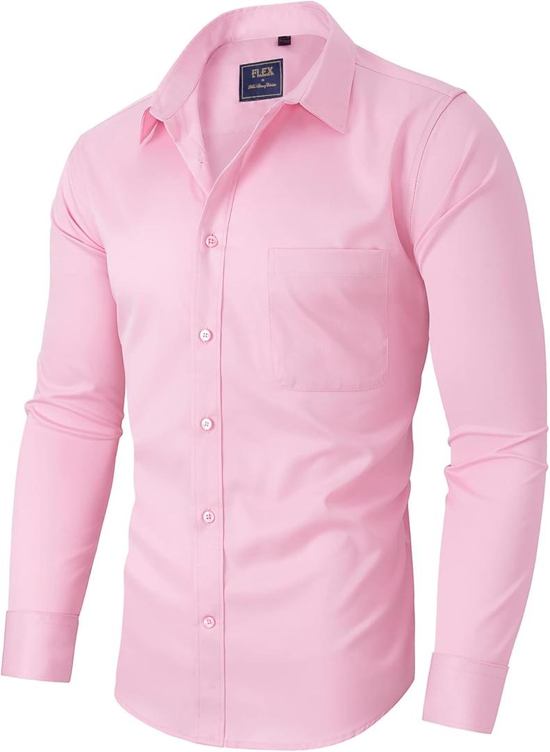 Alimens & Gentle Men's Dress Shirts Long Sleeve Wrinkle-Free Stretch Shirts Solid Formal Button Down Shirt with Pocket (L, Pink)