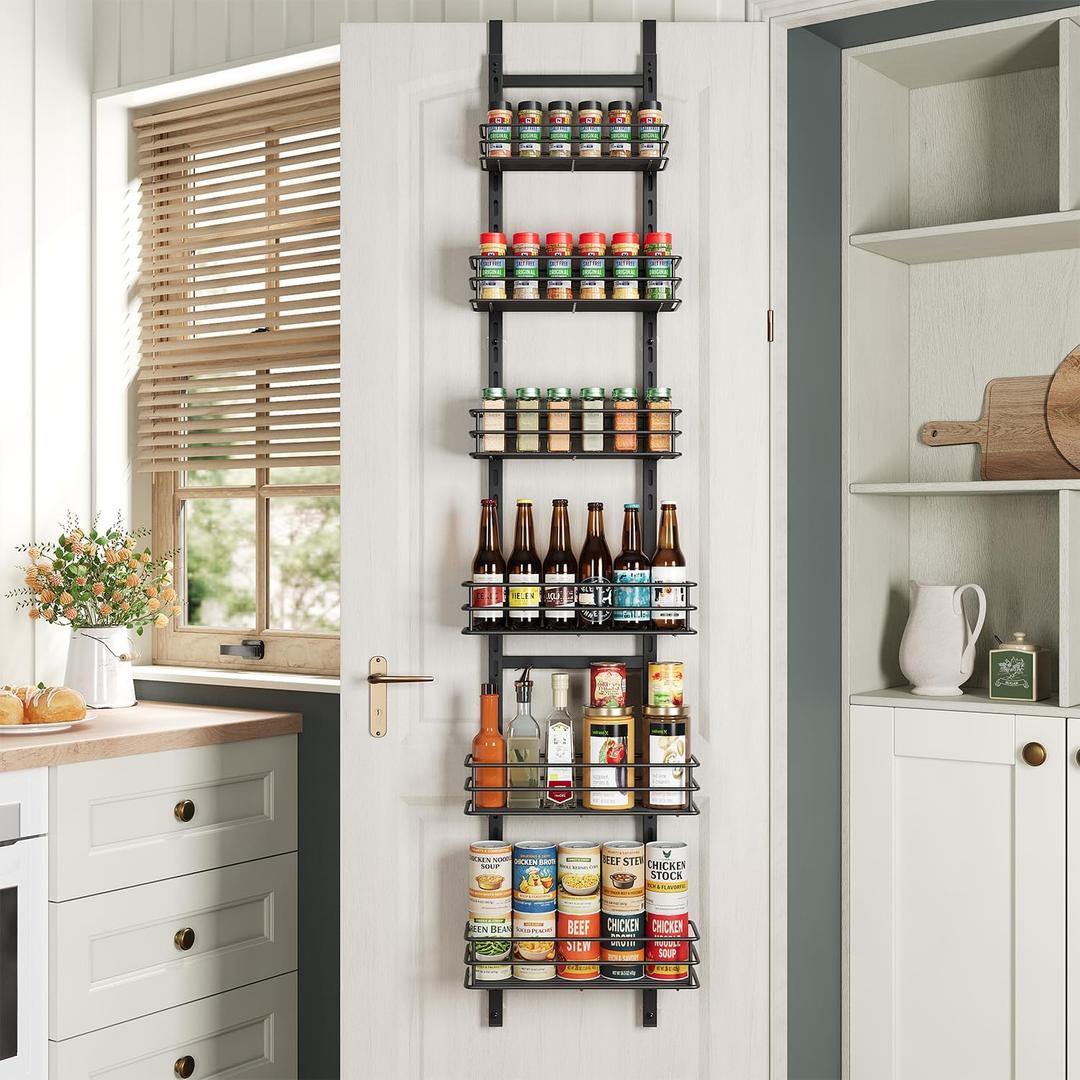 6-Tier Over the Door Pantry Organizer,Cabinet Door Organizer,Kitchen Pantry Door Organizers and Storage,Over the Door Spice Rack,Behind the Door Storage,Door Hanging Organizer,Black