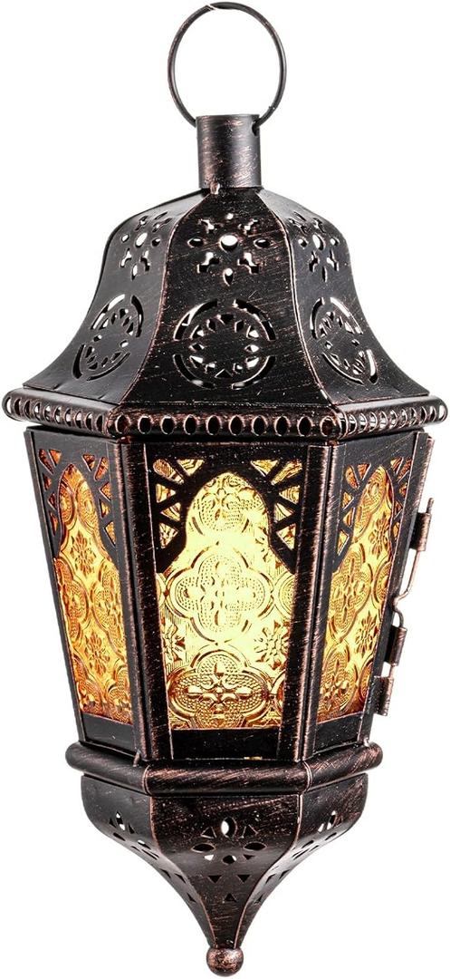 DECORKEY Moroccan Lantern Decorative Indoor & Outdoor, 13.6 Vintage Decorative Hanging Lanterns with Chian for Home Porch Patio Decor, Metal Ramadan Christmas Candle Holder Decorations (Amber)
