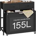 Laundry Sorter 3 Section with Tabletop & 2 Drawers, Rolling Laundry Hamper with Pull-Out and Removable Bags, Laundry Basket Organizer with Wheels and Shelf, Metal Frame Rustic Brown for Laundry Room, 155 L