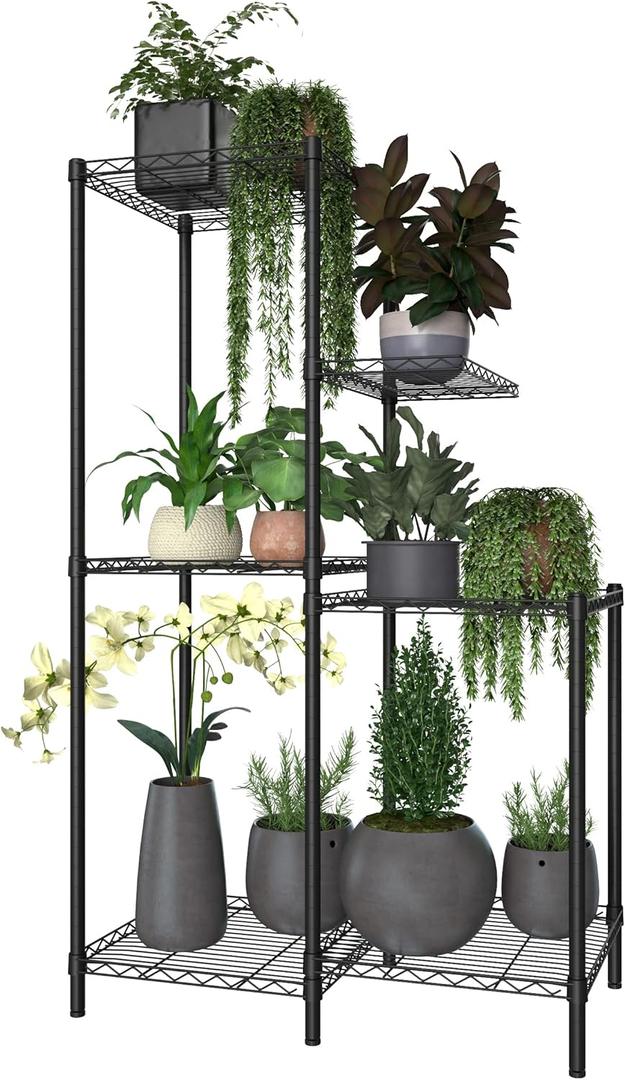 Xiofio Plant Stands for Indoor Plantsd Outdoor Plant Shelf, 6 Tier 10 Pots Flower Pots Holder Storage Shelf Flower Stands With hanger rod for Living Room Balcony and Garden,Black
