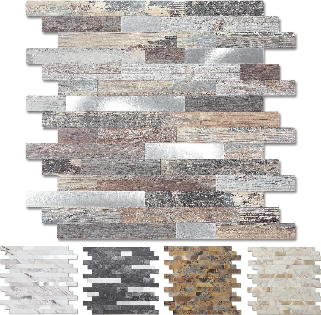 Yipscazo Peel and Stick Wood Metal Tile Backsplash, Stick on Tiles for Backsplash Kitchen, Bathroom, Laundry Room, Camper, Fireplace (12'' X 12'', 10 Sheets in Light Wood)